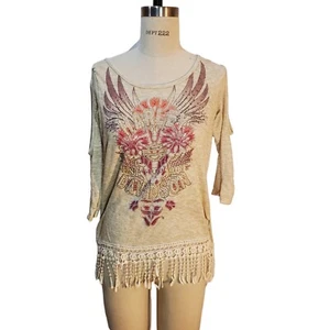 Harley Davidson Fringe Rhinestones Beads Top Size M Women Open 3/4 Sleeves - Picture 1 of 7