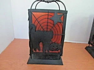 10"  Black Metal & Orange HALLOWEEN Ghost, Spider, Bat, Black Cat LANTERN - Picture 1 of 1