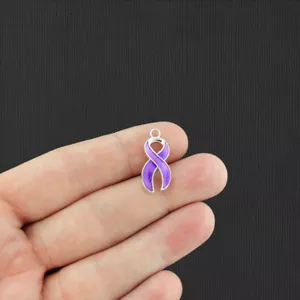2 Purple Awareness Ribbon Silver Tone Enamel Charms - E240 - Picture 1 of 2