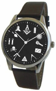 "The Classic"" Freimaurer Emblem schwarzes Zifferblatt Uhr hat schwarzes Lederband" - Bild 1 von 3