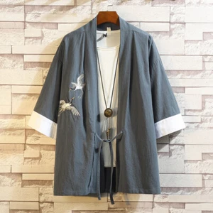 Oriental Men 3/4 Sleeve Cardigan Kimono Coat Lace Up Embroidery Crane Yukata Top - Picture 1 of 13