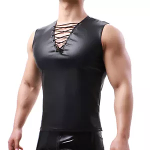 Men Faux Leather Shiny Vest Undershirt Tank Top Sleeveless T-Shirt Wet Look Tops - Picture 1 of 21
