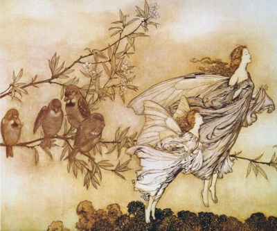 THE FAIRIES IN SPRING FLYING FLOWERS BIRDS ILLUSTRATION BY ARTHUR RACKHAM REPRO - Image 1 of 3