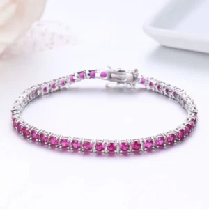 8Ct Round Cut Lab Created Pink Ruby Women Tennis Bracelet 14K White Gold Plated - Picture 1 of 3