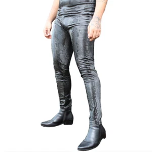 Men Faux Leather Pants Snakeskin Pattern Leggings Skinny Slim Trousers Sexy Punk - Picture 1 of 9