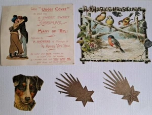 Bundle of antique Christmas Scraps - Tuck card - New Year - dog and stars - Picture 1 of 7