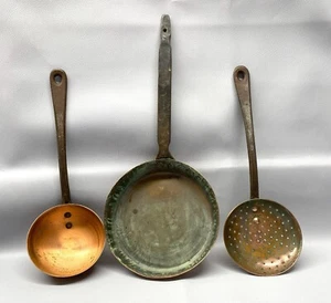 Set of Vintage /Antique Frying Saute Pan Skillet and Two Utensils - Picture 1 of 11