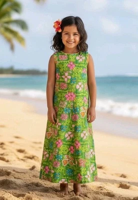 Vtg Girls 6 Dress Liberty House of Hawaii Sleeveless Empire Long Green Floral  - Image 1 of 4