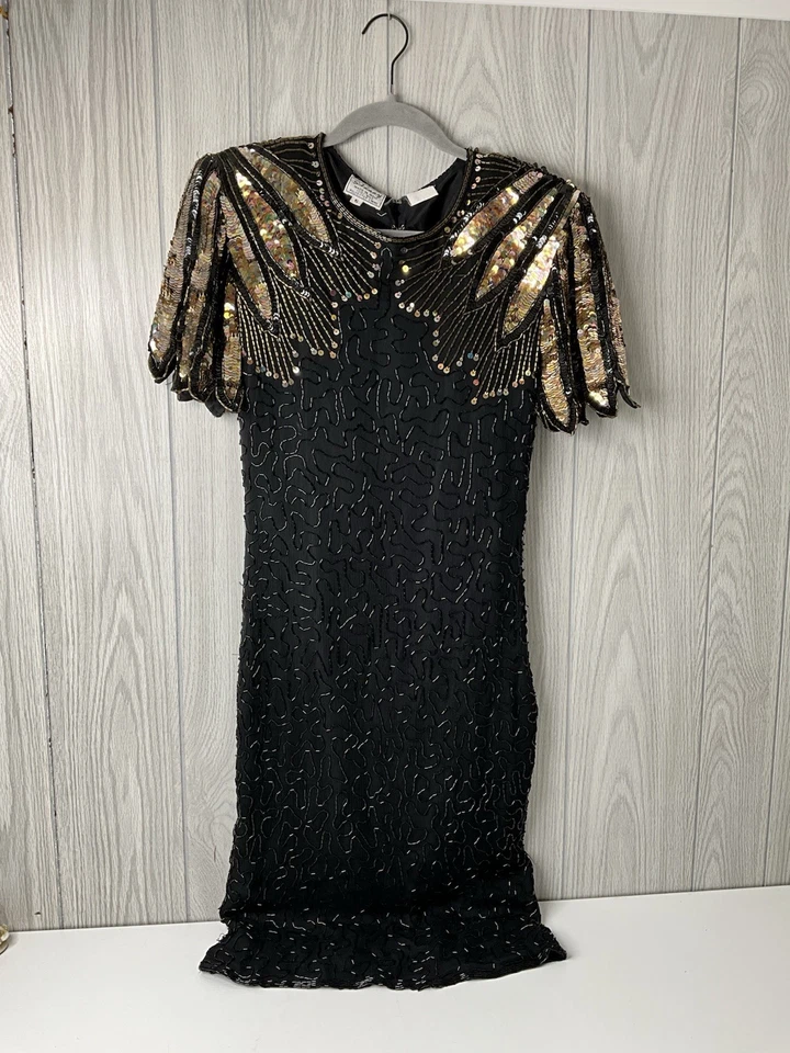 Vestido Gatsby Vintage Años 80 Stenay Lentejuelas Cuentas Glamour Aleta Negro Dorado Talla 6 Foto 1 de 4