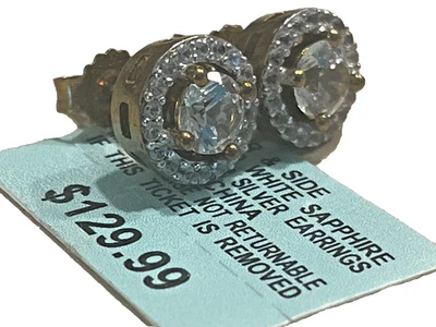 $130 new 14k gold on 925 Sterling Silver .25” lab made white sapphire Earrings - Image 1 of 4