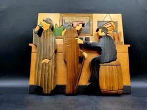 Vintage Puckane Crafts Men At Pub Wood Plaque 3D 9x10” 70s Signed. - Picture 1 of 4