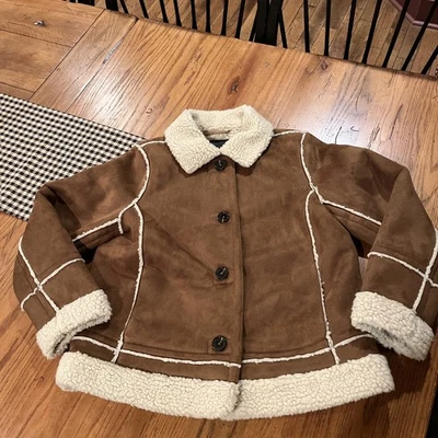 Talbots Western Inspired Winter  button front coat. Brown/sherpa style - Image 1 of 4