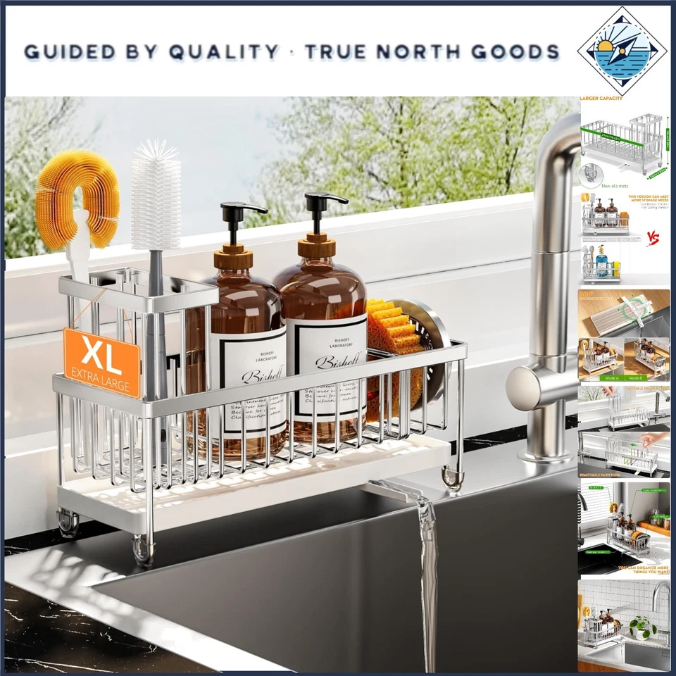 Rustproof X-Large Kitchen Sponge Holder with Tall Brush Organizer - Space-Saving - Image 1 of 4