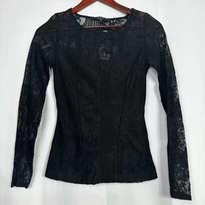 Guess Lace Sheer Blouse Fitted Womens Long Sleeve Bodycon Black Small - Picture 1 of 7