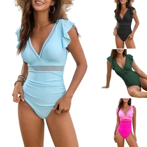Women Flounce Swimwears Piece Bathing Suit Monokini V Neck High Waist Swimsuit - Picture 1 of 28