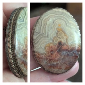 VTG Brooch Lace Agate Cabochon Sterling Silver Southwest Art Wrapped Stone Pin - Picture 1 of 23