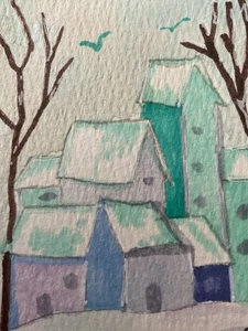 ACEO Aquarell Kunst von PJ, Kunstkarte 2,5 x 3,5: Winterdorf - Bild 1 von 2