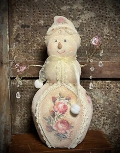 Dew Kissed Victorian Rose Rhinestone Snowman Shelf Sitter w Wire Arms - Picture 1 of 24