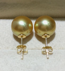 Gorgeous a pair of nice AAAA 9-10mm south sea Round Golden pearl earring 14K - Picture 1 of 5
