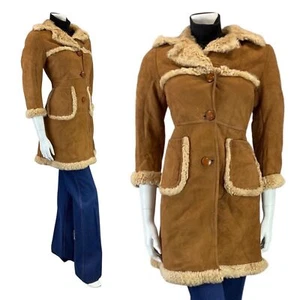 VINTAGE 60s 70s BROWN HONEY MOD SUEDE LEATHER SHEEPSKIN SHEARLING COAT 6 - Picture 1 of 6