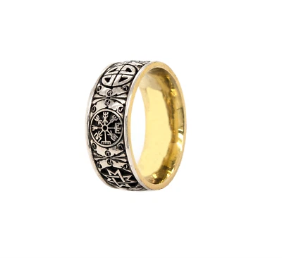 8mm Silver Ring with Yellow Gold Plated Interior and Viking Inspired Symbols - Image 1 of 4