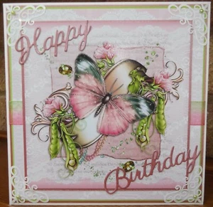 handmade female birthday card with a shabby chic butterfly & spring peas design - Picture 1 of 4