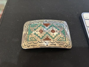 GORGEOUS STERLING AND INLAYED CORAL AND TURQUOIS NATIVE AMERICAN BELT BUCKLE - Picture 1 of 2