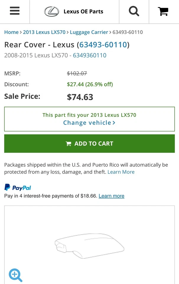 Lexus LX570 2008-2015 Rear Right RH Roof Rack Cover Leg OEM Genuine 63493-60110 - Image 1 of 1