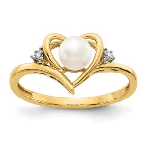 14K Solid Yellow Gold Freshwater Cultured Pearl Diamond Heart Ring - Picture 1 of 44