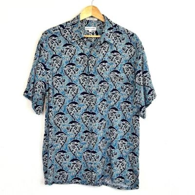 Pierre Cardin Hawaiian Shirt Men's M Dolphin Floral Tribal Fish Rayon Blue - Image 1 of 4