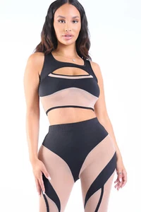 Women s Casual Sleeveless Mesh Contrast Two-Piece Sexy Set Black/Nude S, M, L - Picture 1 of 11