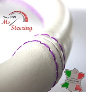 FOR INFINITI G 03-06 CREME LEATHER STEERING WHEEL COVER, PURPLE 2 STIT - Picture 1 of 5