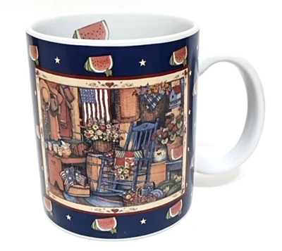 Кружка Lang & Wise 1997 летняя художник Susan Winget, арбуз крыльцо флаг новая из старых запасов - Изображение 1 из 4