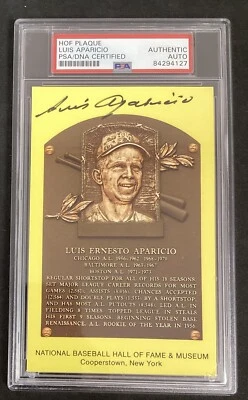 Luis Aparicio Signed Gold Plaque HOF Postcard Yellow Orioles Autograph PSA/DNA 3 - Image 1 of 3