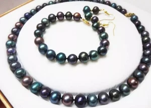 Natürliche Perle AAA 9-10 mm Tahiti Schwarz Mehrfarbig Runde Perlenkette Set 14k - Bild 1 von 4