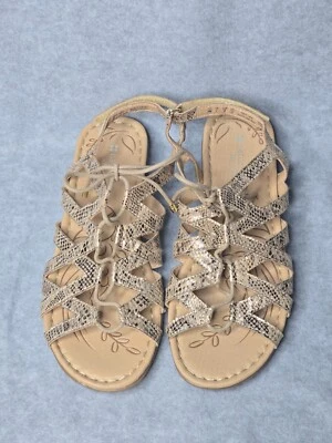 Naturalizer N5 Comfort Sandals 8M Snakeskin Print Gladiator LaceUp Flat Gold Tan - Image 1 of 4