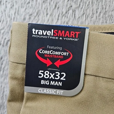 NWT Roundtree & Yorke Travel Smart Chino Pants Men 58 x32 Pleated Front Khaki - Image 1 of 4