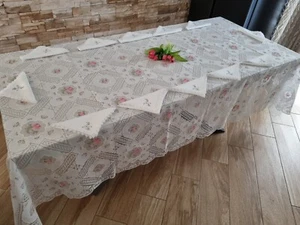 Tischdecke x 12 reines Leinen und Organza mit Filetstickerei und Vollstich von Hand - Bild 1 von 20