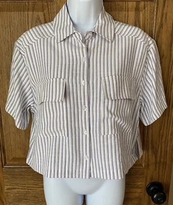 NWT Dizzy Lizzy Cropped Buttondown Striped Short Sleeve Blouse. Size Small. - Picture 1 of 6