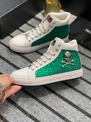 SNEAKERS PHILIP PLEIN SKULL SILVER GREEN SCARPE PHILIPP TESCHIO ARGENTO DISCO - Immagine 1 di 4