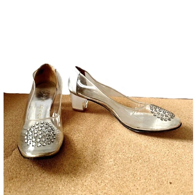 Vintage 60s Clear Plastic Vinyl Shoes by Beth and Herbert Levine with Rhinestone - Image 1 of 4