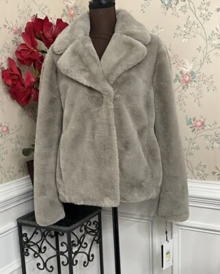 Chaqueta con Bolsillos Forrados de Piel Sintética Lux Gris Plateado DKNY M $250 NUEVA CON ETIQUETAS Foto 1 de 4