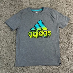 Adidas Shirt Boys Medium Gray Blue Melt Logo Cotton Blend Short Slseve Kids - Picture 1 of 7