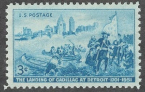US. 1000. 3c. Detroit Skyline & Landing of Cadillac, 250th ANNIV. MNH. 1951 - Picture 1 of 1