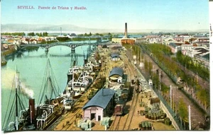 Spain Sevilla Puente de Triana Muelle Boats & Freight Railway Railroad Cars PPC - Picture 1 of 3