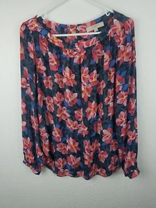 Ann Taylor Loft Womens Top SZL Pink Gray Floral Semi Sheer Long Sleeves Work A21 - Picture 1 of 5