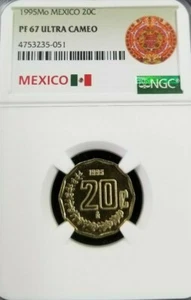 1995 MEXICO 20 CENTAVOS NGC PF 67 ULTRA CAMEO HIGH GRADE BEAUTIFUL LOW MINTAGE - Picture 1 of 3