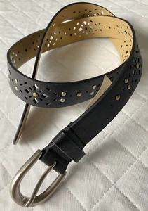 Women's Perforated Studded Black Belt Silver Tone Buckle M NEW - Picture 1 of 8