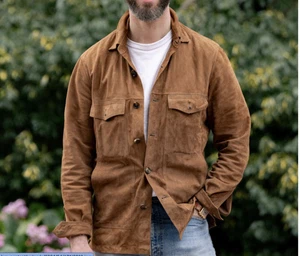 Men's Tan Suede Shirt Jacket for Men Soft Lambskin Suede Leather Classic Coat #2 - Picture 1 of 6