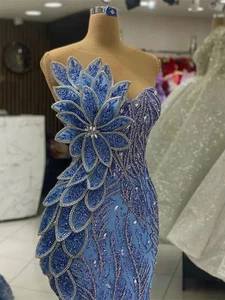 Luxus Blau Abendkleider Perlen Meerjungfrau Ballkleid Arabisch Dubai Partykleid - Bild 1 von 11